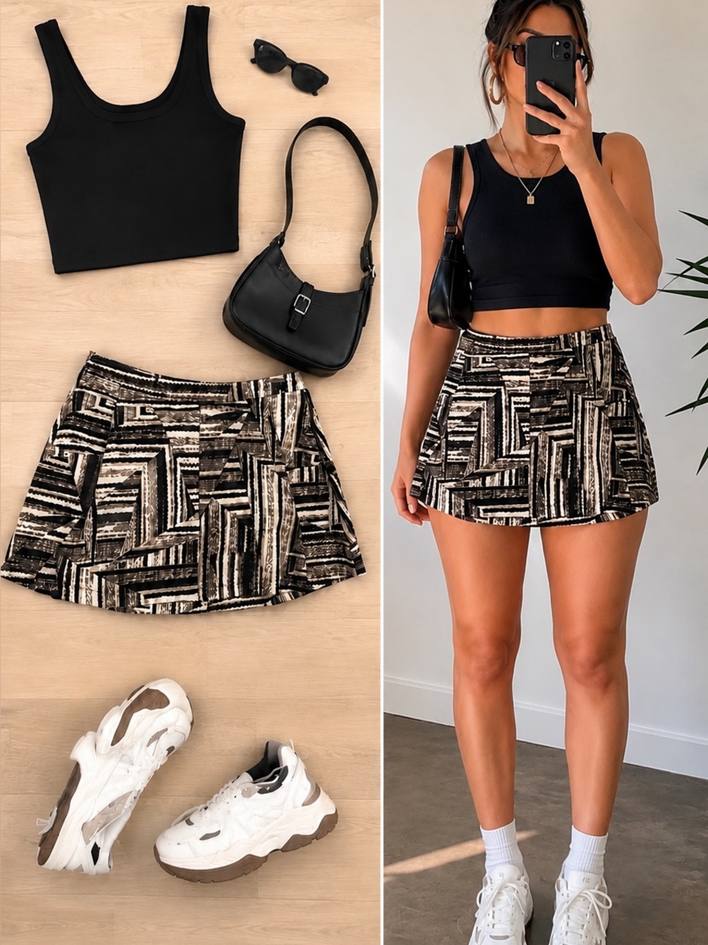 Geometric Abstract Print A-Line Mini Skirt Black Beige Front Pockets PXL